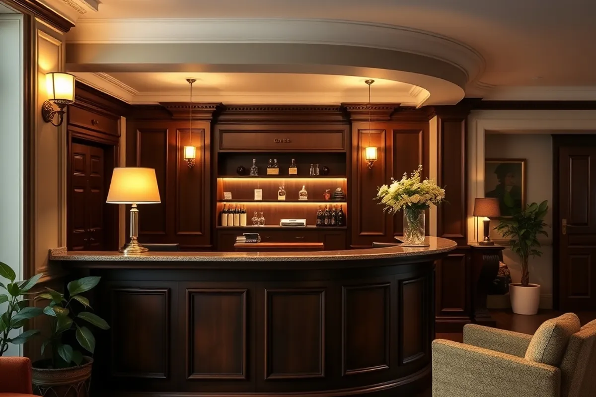 Stylish compact hotel room with a writing desk