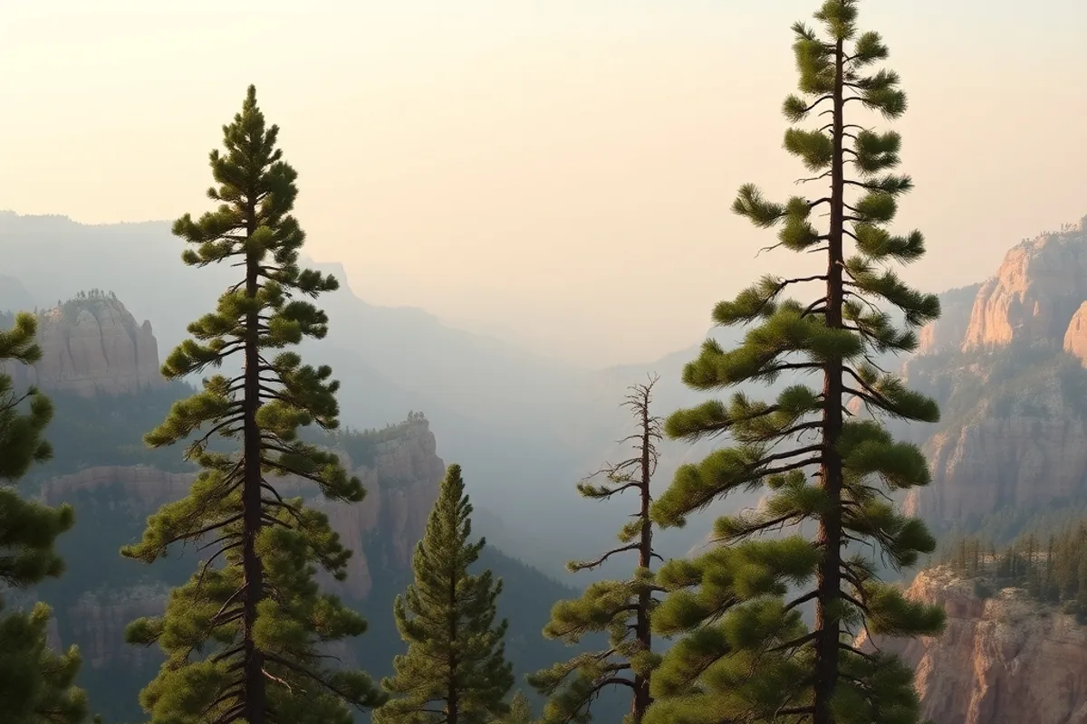 Ponderosa pines framing a canyon overlook on the North Rim