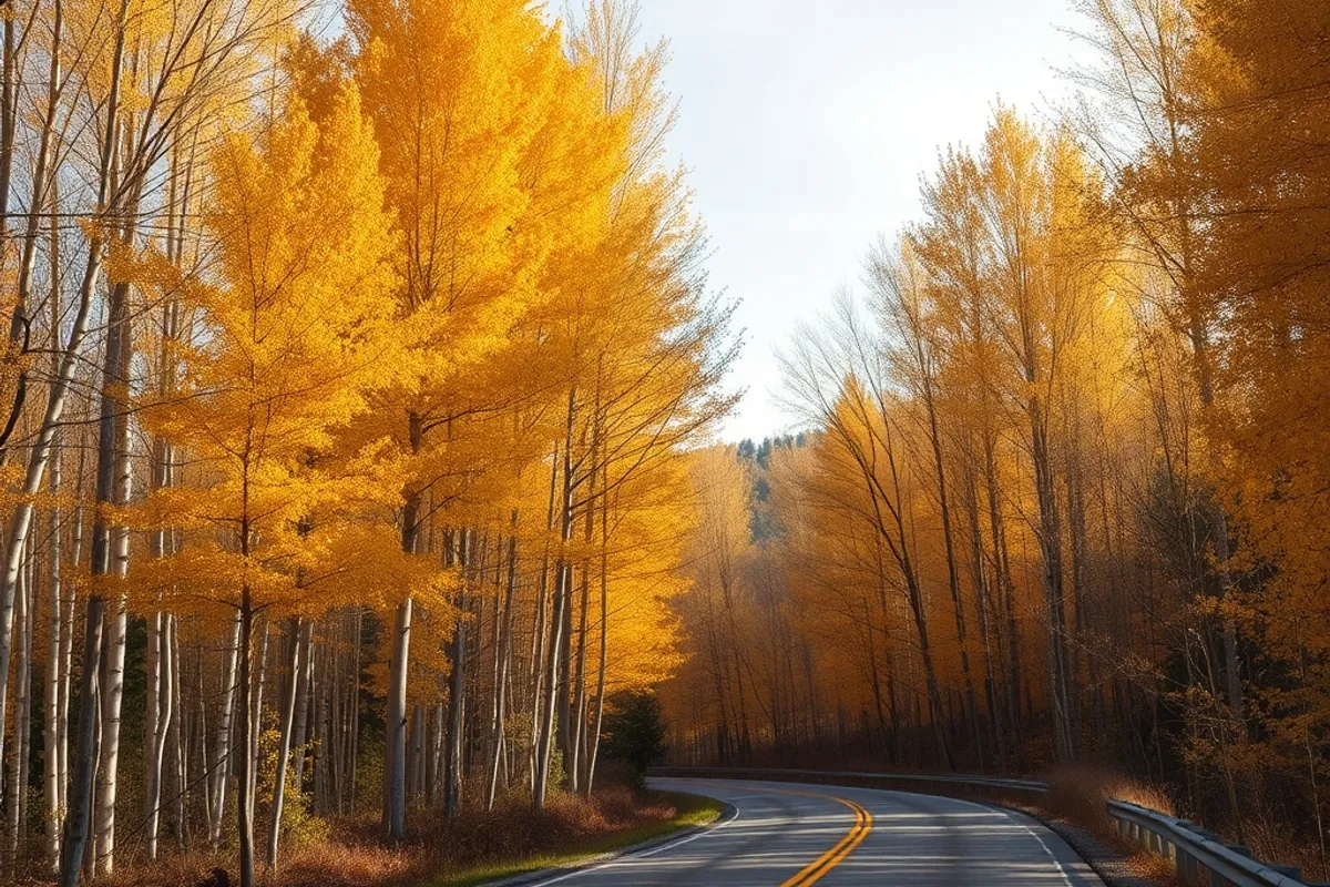 Golden aspen trees along a forest road in autumn