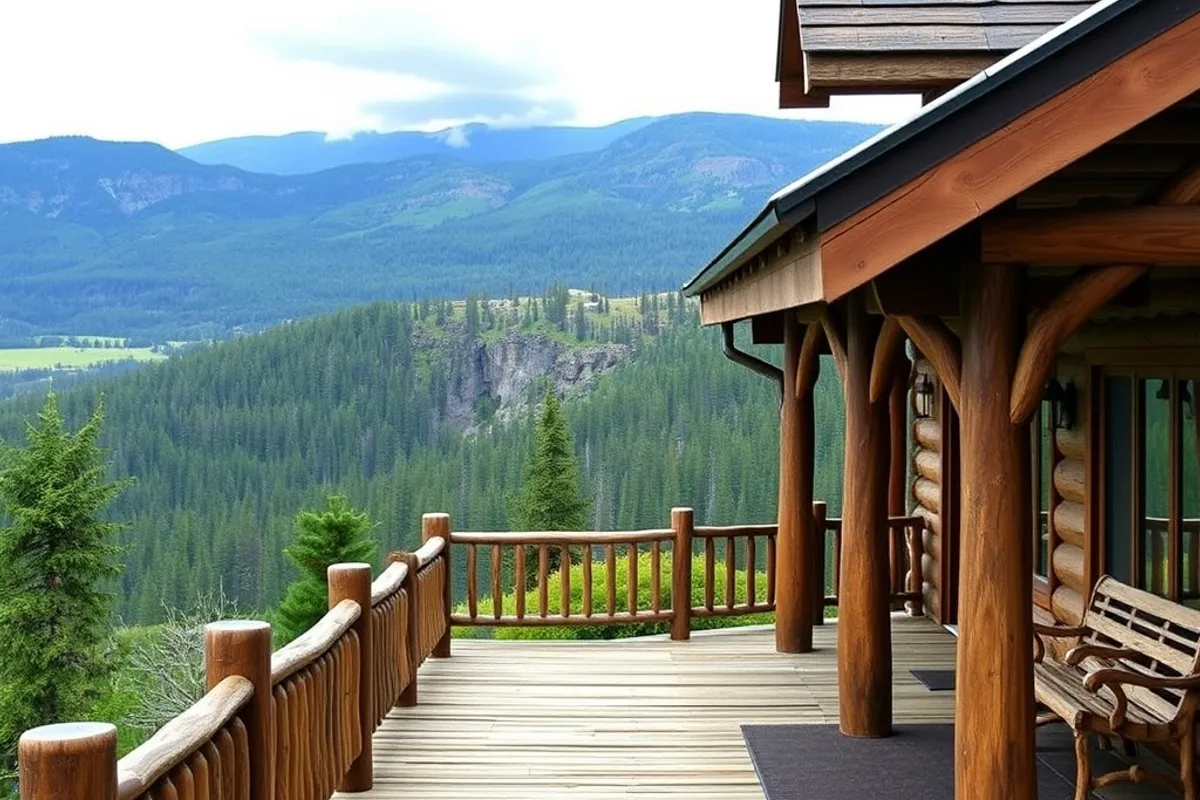 Wooden lodge porch overlooking a green plateau