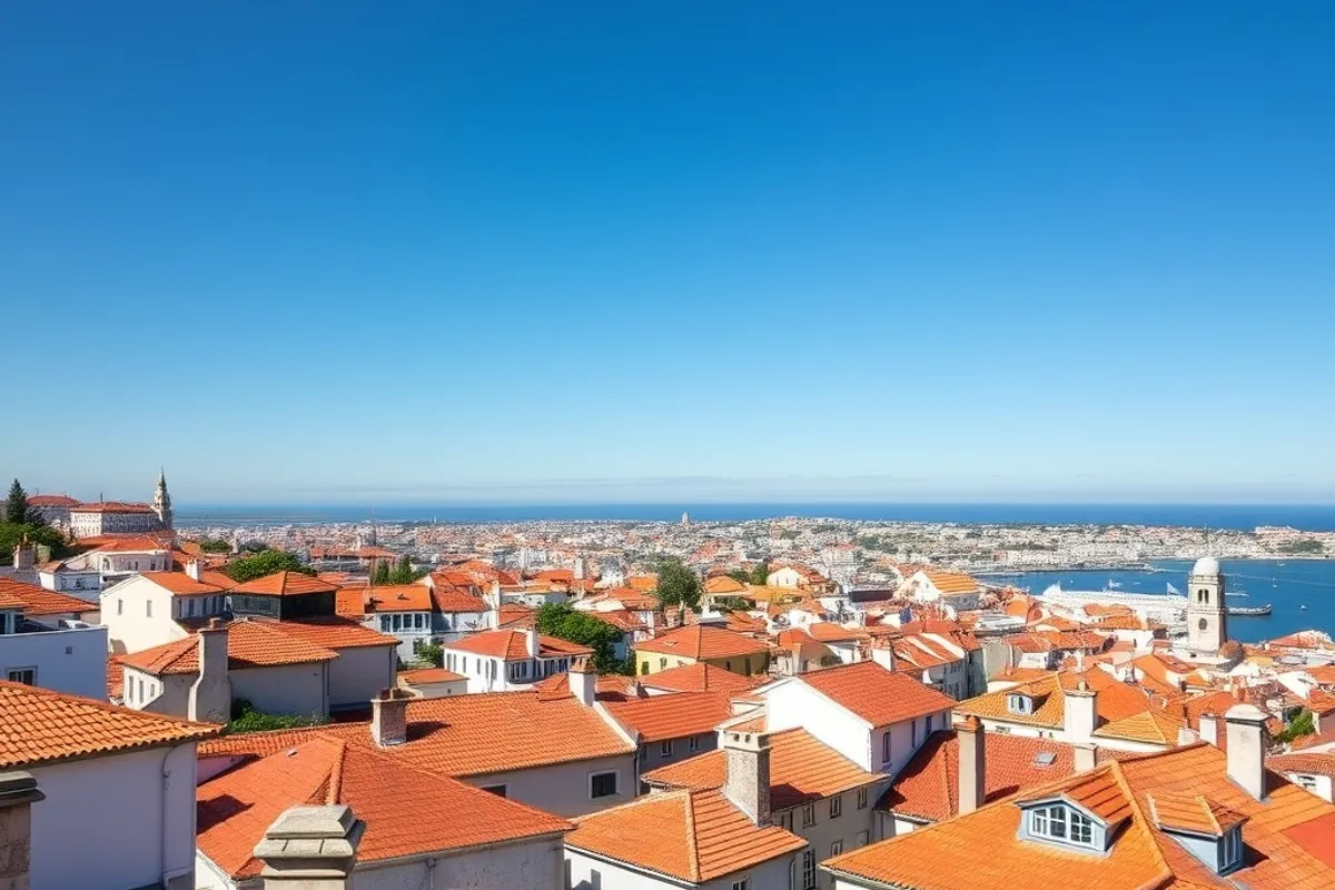 View over Lisbon rooftops from a quiet miradouro at sunrise