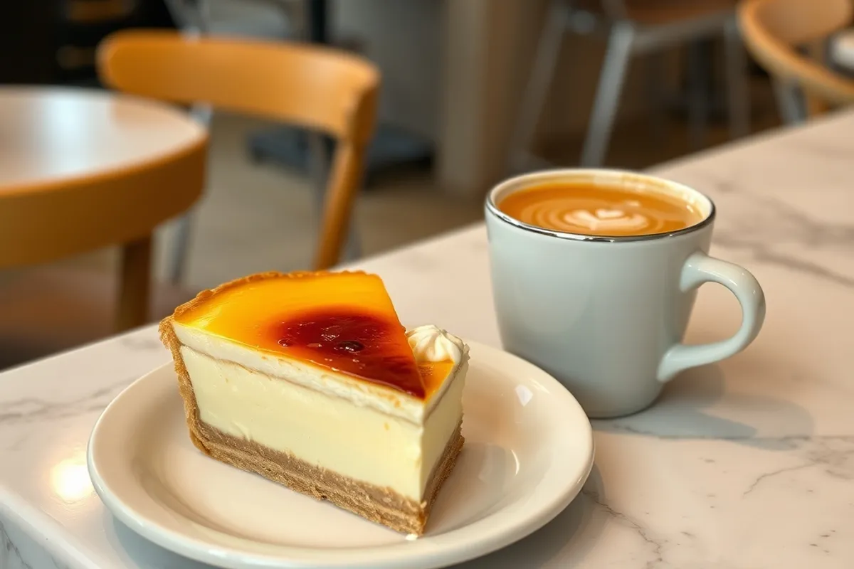 Pastel de nata and espresso on a marble cafe counter