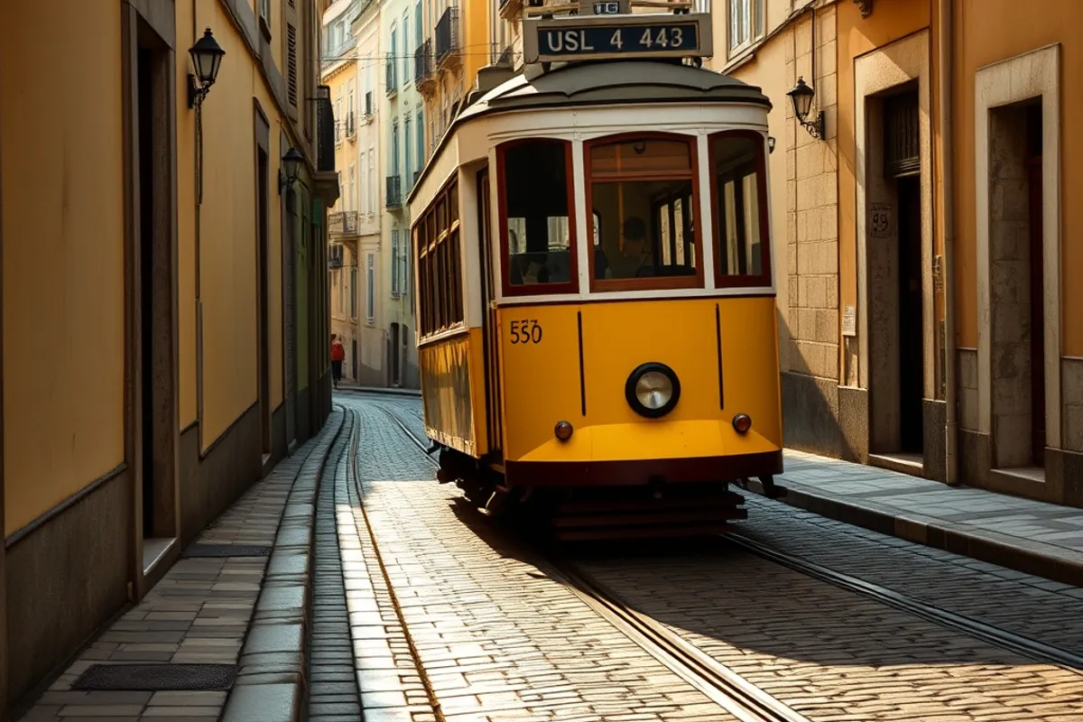 Tram winding through a steep Lisbon street lined with tile